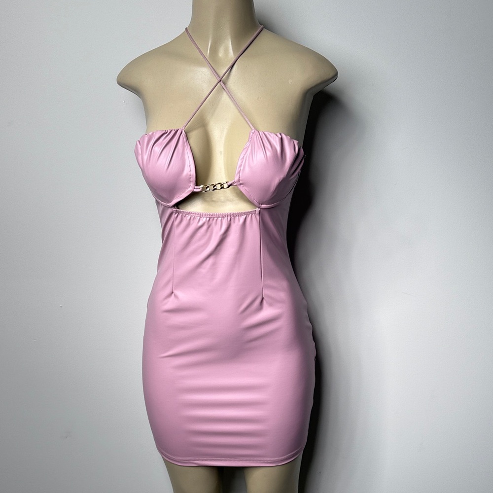 SHEIN Light Pink/Mauve faux leasther Backless Dress with Chain Detail
